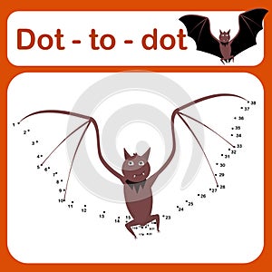 Dot to dot game for kids vector illustration. Number drawing line puzzle game with Halloween-themed bat.