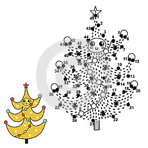 Dot to dot numbers game for kids. Connect digits, draw and color a funny Christmas tree