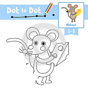 Dot to dot educational game and Coloring book Mouse holding cheese animal cartoon character vector illustration