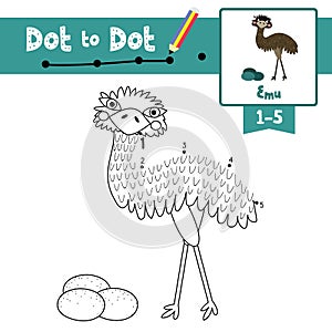 Dot to dot educational game and Coloring book Standing Emu with eggs animal cartoon character vector illustration