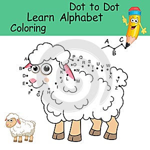 Dot to dot game with letters for kids. Learning the uppercase letters of the English alphabet with cute cartoon Sheep. Logic Game