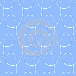 Doted wavy curves geometric seamless pattern in blue and white, vector