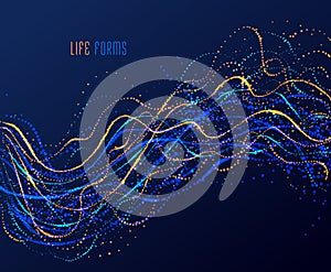 Dots particles flowing array vector abstract background, biology science theme design.