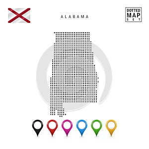 Dots Pattern Vector Map of Alabama. Stylized Silhouette of Alabama. Flag of Alabama. Set of Multicolored Map Markers