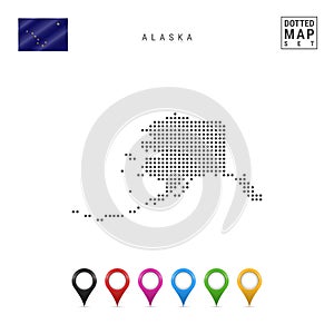Dots Pattern Vector Map of Alaska. Stylized Silhouette of Alaska. Flag of Alaska. Set of Multicolored Map Markers