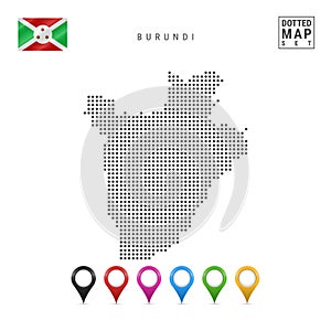 Dots Pattern Vector Map of Burundi. Stylized Silhouette of Burundi. Flag of Burundi. Set of Multicolored Map Markers