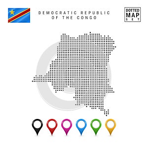 Dots Pattern Vector Map of Democratic Republic of the Congo. Flag of Democratic Republic of the Congo. Map Markers Set