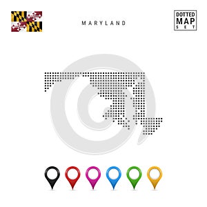 Dots Pattern Vector Map of Maryland. Stylized Silhouette of Maryland. Flag of Maryland. Set of Multicolored Map Markers