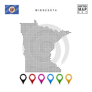 Dots Pattern Vector Map of Minnesota. Stylized Silhouette of Minnesota. Flag of Minnesota. Multicolored Map Markers Set