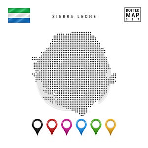 Dots Pattern Vector Map of Sierra Leone. Silhouette of Sierra Leone. Flag of Sierra Leone. Multicolored Map Markers