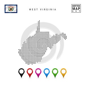 Dots Pattern Vector Map of West Virginia. Stylized Silhouette of West Virginia. Flag of West Virginia. Map Markers Set