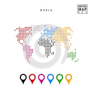 Dots Pattern Vector Map of the World. Stylized Silhouette of the World. Continents are Highlighted in Different Colors