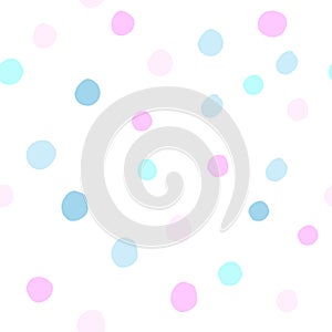 Dots seamless pattern in light blue and pink colors, pastel tones. Vector isolated on white background. Different circles. Polka