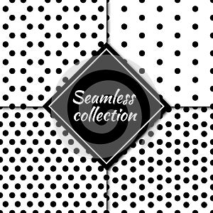 Dots seamless patterns collection. Folk prints. Circle shapes images. Ethnic ornaments set. Geometrical backgrounds kit