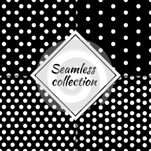 Dots seamless patterns collection. Folk prints. Circle shapes images. Ethnic ornaments set. Geometrical backgrounds kit