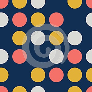Dots Seamless Vector Pattern. Skipped circles blue, coral, yellow, gray. Feminine polka dots background for Trendy Home Decor,