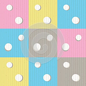 Dots and squares seamless vector pattern background design in pastel colors with kraft paper texture overlay. EPS10 file with