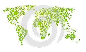 Dots style world map. Abstract world map of green round dots. Vector illustration.