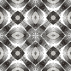 Dotted black and white geometric seamless pattern. Vector monochrome ornamental halftone background. Abstract repeat