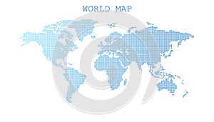 Dotted blank blue world map isolated on white background.