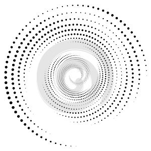 Dotted, dots, speckles abstract concentric circle. Spiral, swirl, twirl element.