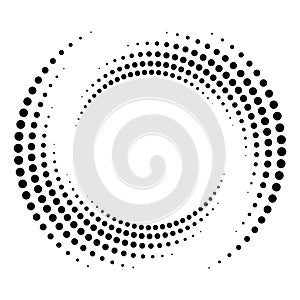 Dotted, dots, speckles abstract concentric circle. Spiral, swirl, twirl element.Circular and radial lines volute, helix.Segmented