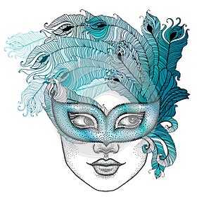 Dotted girl face in Venetian carnival mask Colombina with outline peacock feathers on white background.