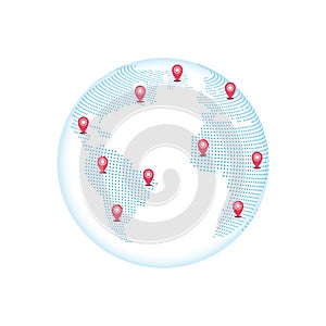 Dotted globe world map with pins pointers vector illustration