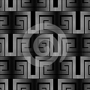 Dotted greek halftone seamless pattern. Vector black and white circles background. Abstract backdrop with dots, square