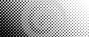 Dotted halftone diagonal texture. Fading polka dot tint gradient background. Repeating dots gradation pattern. Black