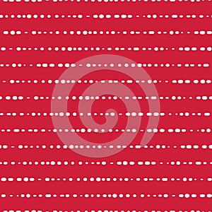 Dotted horizontal lines seamless vector background. White dots on red pink background. Abstract pattern design. Abstract geometric