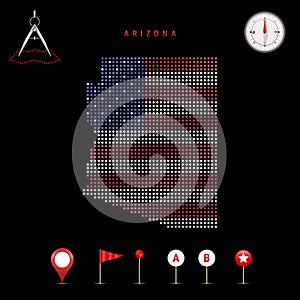 Dotted vector map of Arizona painted in the american flag colors. Waving flag effect. Map tools icon set