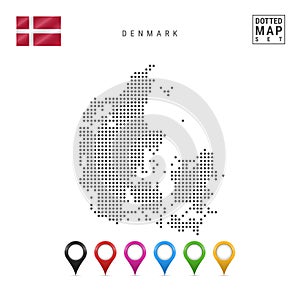 Vector Dotted Map of Denmark. Simple Silhouette of Denmark. National Flag of Denmark. Set of Multicolored Map Markers