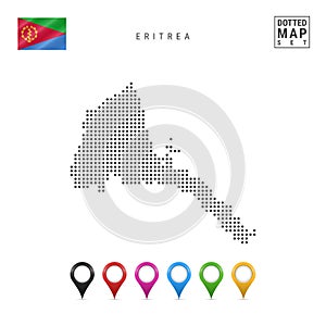 Vector Dotted Map of Eritrea. Simple Silhouette of Eritrea. National Flag of Eritrea. Set of Multicolored Map Markers