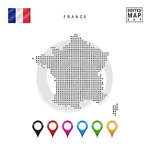 Vector Dotted Map of France. Simple Silhouette of France. The National Flag of France. Set of Multicolored Map Markers