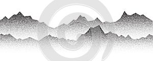 Dotted mountain gradient background. Noisy stippled grainy texture. Abstract rocks landscape with peaks with sand effect