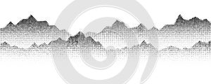 Dotted mountain gradient background. Noisy stippled grainy texture. Abstract rocks landscape with peaks with sand effect