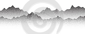 Dotted mountain gradient background. Noisy stippled grainy texture. Abstract rocks landscape with peaks with sand effect