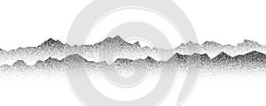 Dotted mountain gradient background. Noisy stippled grainy texture. Abstract rocks landscape with peaks with sand effect