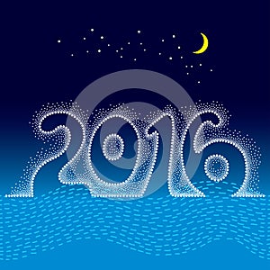 Dotted numbers 2016 with moon and stars on the blue background. Winter greeting card in dotwork style. Concept of the 2016 year.