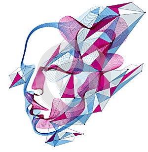 Dotted particles human portrait, abstract human head vector wave shapes array, Artificial Intelligence, pc programming software