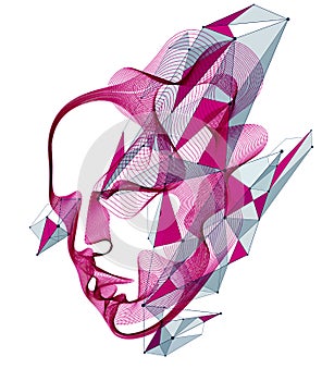 Dotted particles human portrait, abstract human head vector wave shapes array, Artificial Intelligence, pc programming software