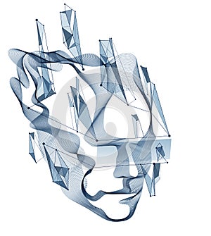 Dotted particles human portrait, abstract human head vector wave shapes array, Artificial Intelligence, pc programming software