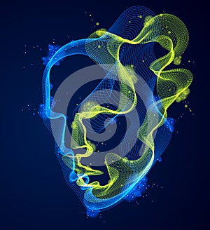 Dotted particles human portrait, abstract human head vector wave shapes array, Artificial Intelligence, pc programming software