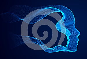 Dotted particles human portrait, abstract human head vector wave shapes array, Artificial Intelligence, pc programming software