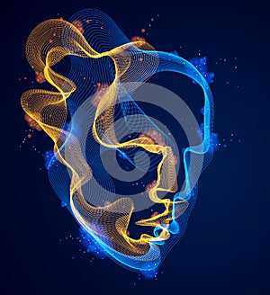 Dotted particles human portrait, abstract human head vector wave shapes array, Artificial Intelligence, pc programming software