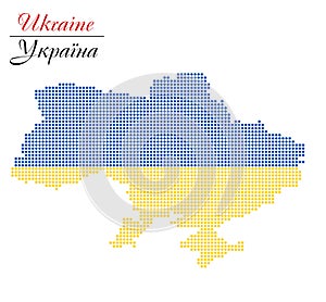 Dotted pixelated map of Ukraine in national blue and yellow colors of Flag of Ukraine. With text of english and ukrainian