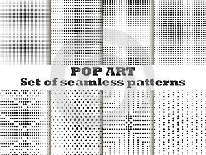 Dotted, Pop Art seamless pattern set. Halftone dots background. Black and white color. Vector