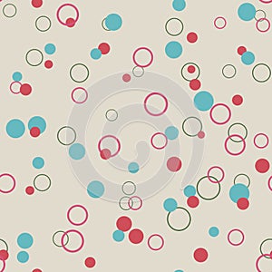 Spotted blue, red and beige round seamless pattern retro circle, rings.