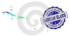 Dotted Spectrum Map of Caribbean Islands and Grunge Stamp Seal